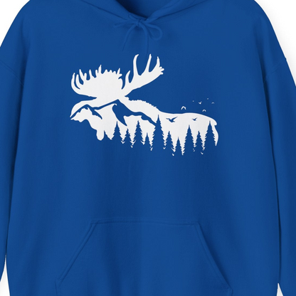 Moose Silhouette Forest Scene Shirt Hoodie – Royal – Alaska Cruise Shirts Close Up