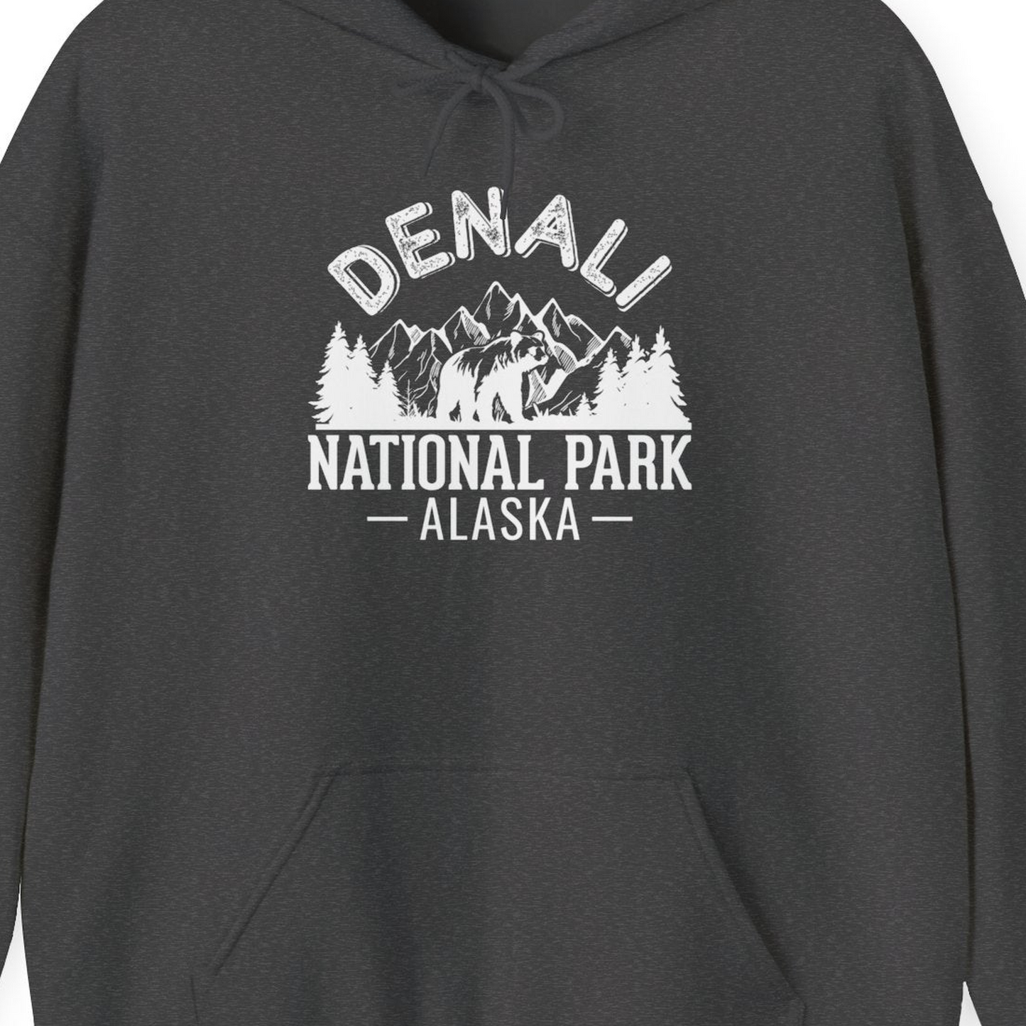Denali National Park Bear Mountains Vintage Alaska Nature Shirt — Hoodie Hoodie – Dark Heather – Alaska Cruise Shirts Close Up