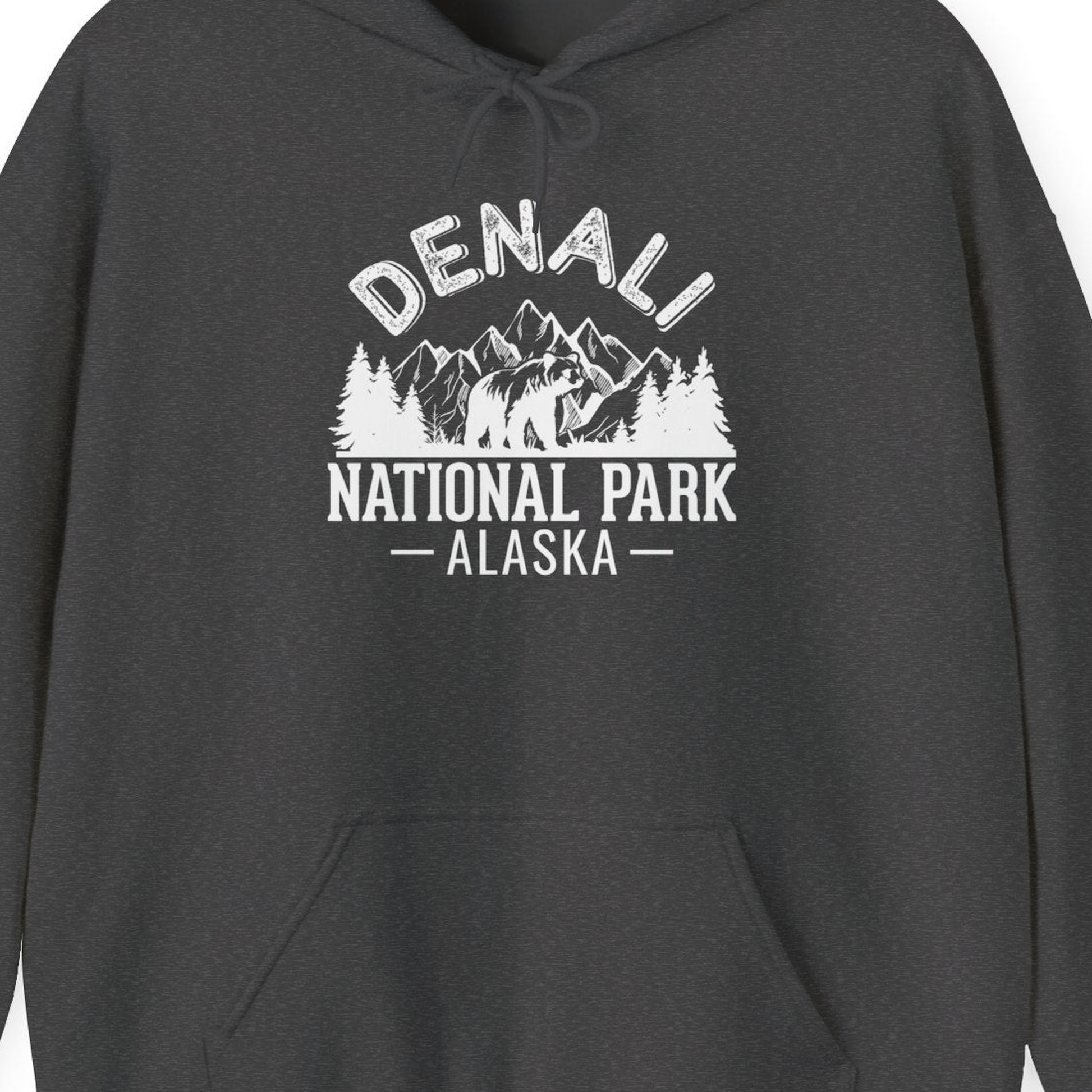 Denali National Park Bear Mountains Vintage Alaska Nature Shirt — Hoodie Hoodie – Dark Heather – Alaska Cruise Shirts Close Up