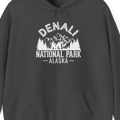 Denali National Park Bear Mountains Vintage Alaska Nature Shirt — Hoodie Hoodie – Dark Heather – Alaska Cruise Shirts Close Up