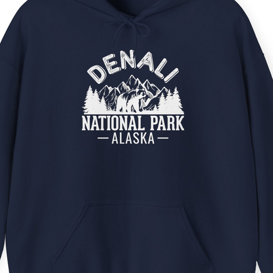 Denali National Park Bear Mountains Vintage Alaska Nature Shirt — Hoodie Hoodie – Navy – Alaska Cruise Shirts Close Up