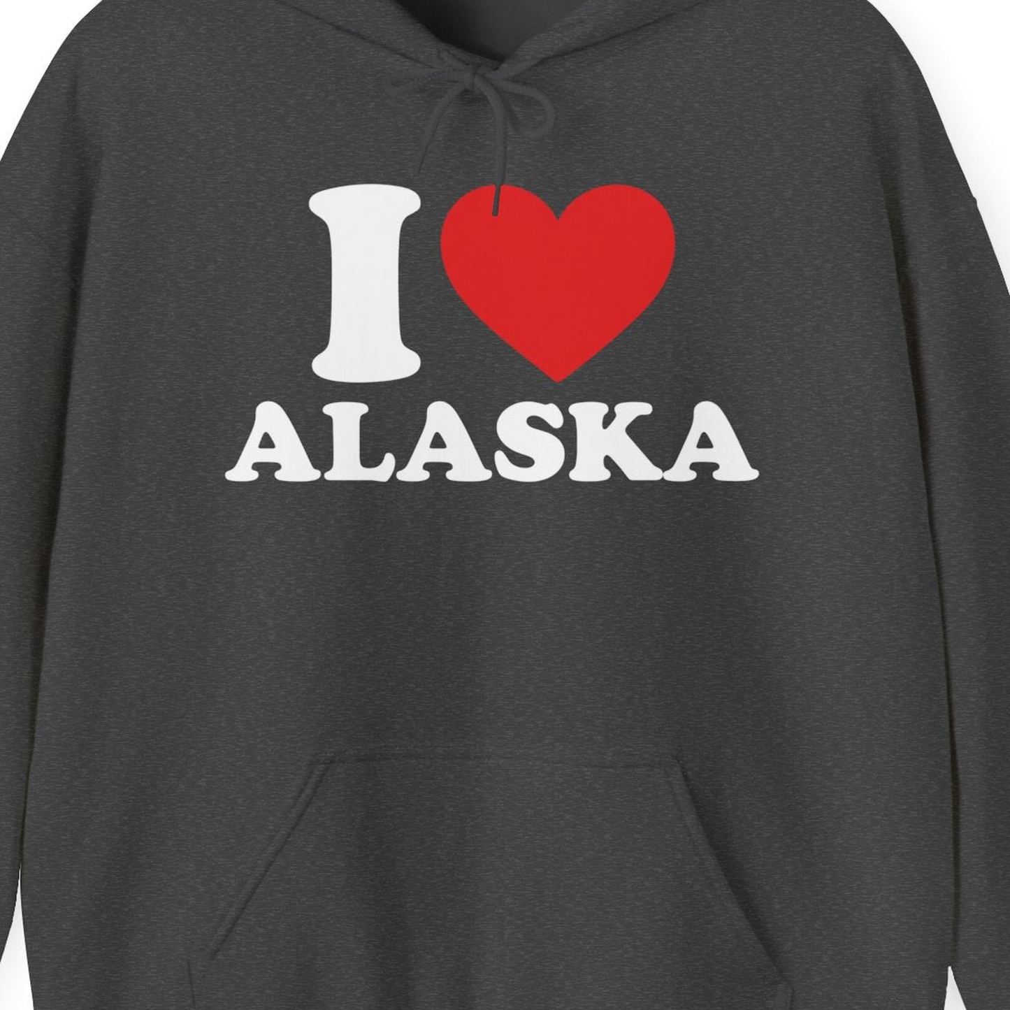 I Love Alaska Shirt Hoodie – Dark Heather – Alaska Cruise Shirts Close Up