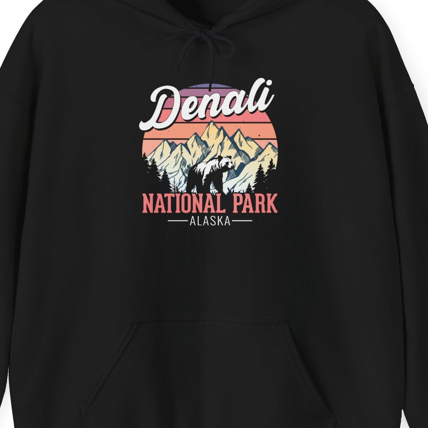 Retro Denali National Park Alaska Bear Mountains Vintage Shirt — Hoodie Hoodie – Black – Alaska Cruise Shirts Close Up