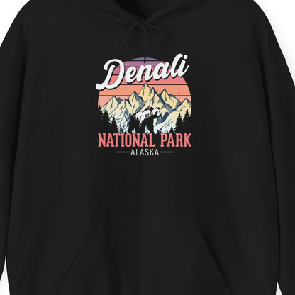 Retro Denali National Park Alaska Bear Mountains Vintage Shirt — Hoodie Hoodie – Black – Alaska Cruise Shirts Close Up