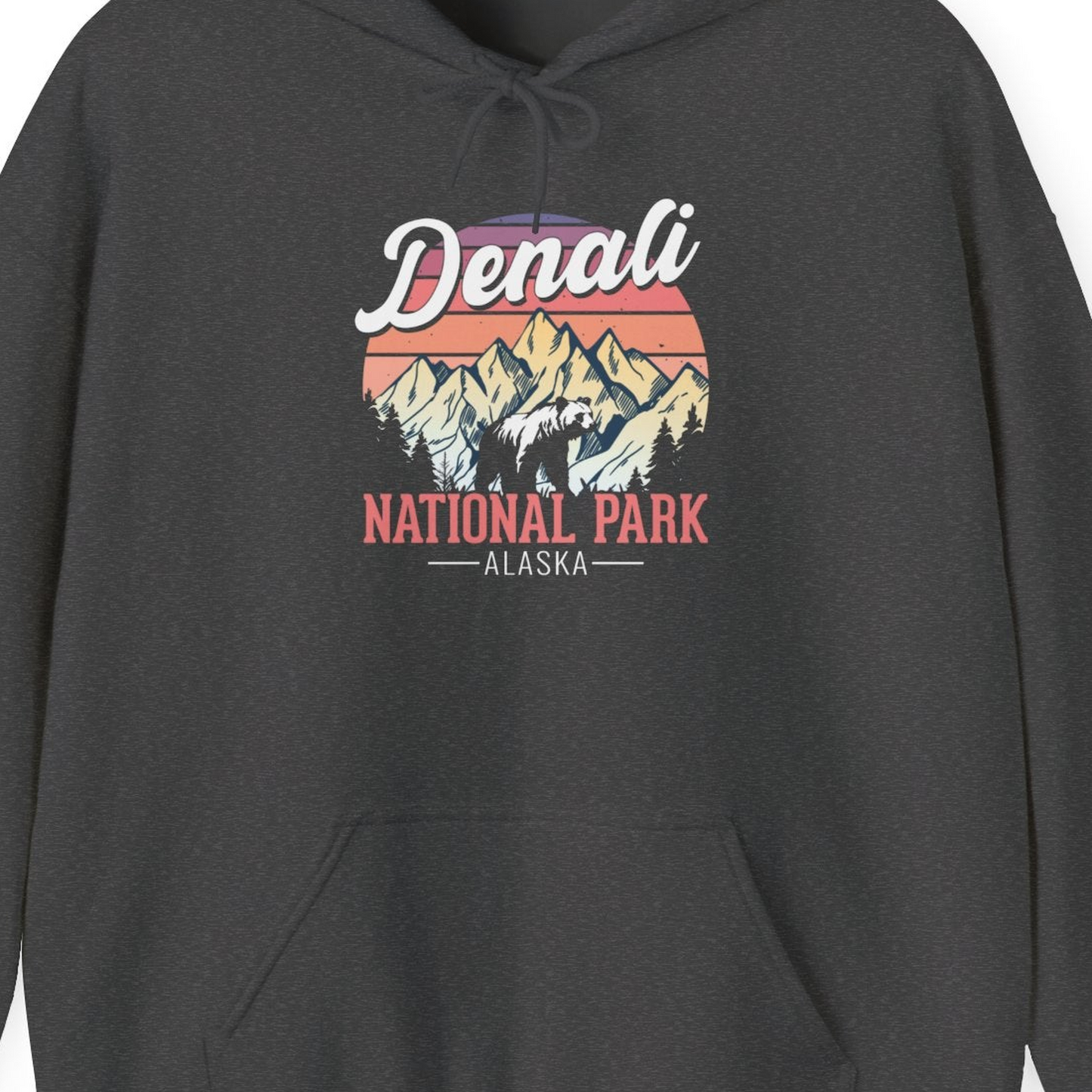 Retro Denali National Park Alaska Bear Mountains Vintage Shirt — Hoodie Hoodie – Dark Heather – Alaska Cruise Shirts Close Up