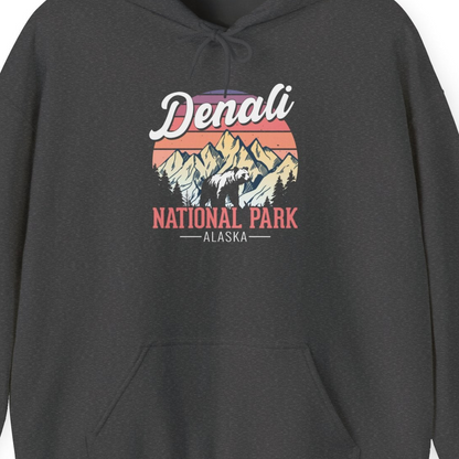 Retro Denali National Park Alaska Bear Mountains Vintage Shirt — Hoodie Hoodie – Dark Heather – Alaska Cruise Shirts Close Up