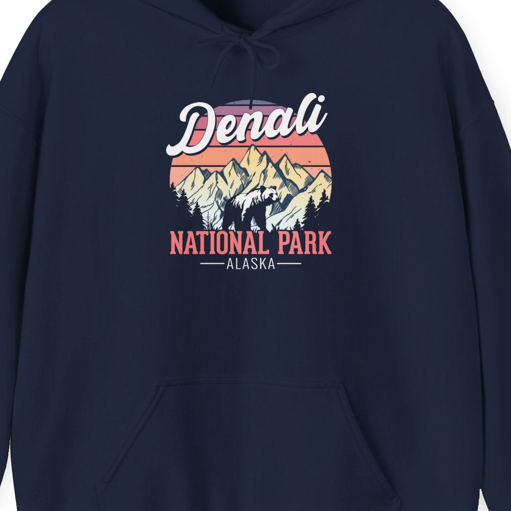 Retro Denali National Park Alaska Bear Mountains Vintage Shirt — Hoodie Hoodie – Navy – Alaska Cruise Shirts Close Up