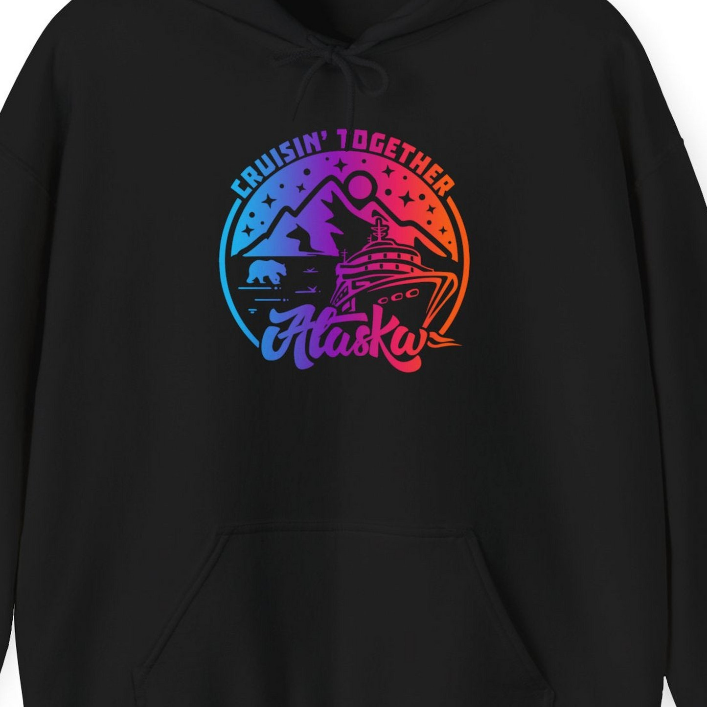 Alaska Cruise Shirt Hoodie – Black – Alaska Cruise Shirts Close Up
