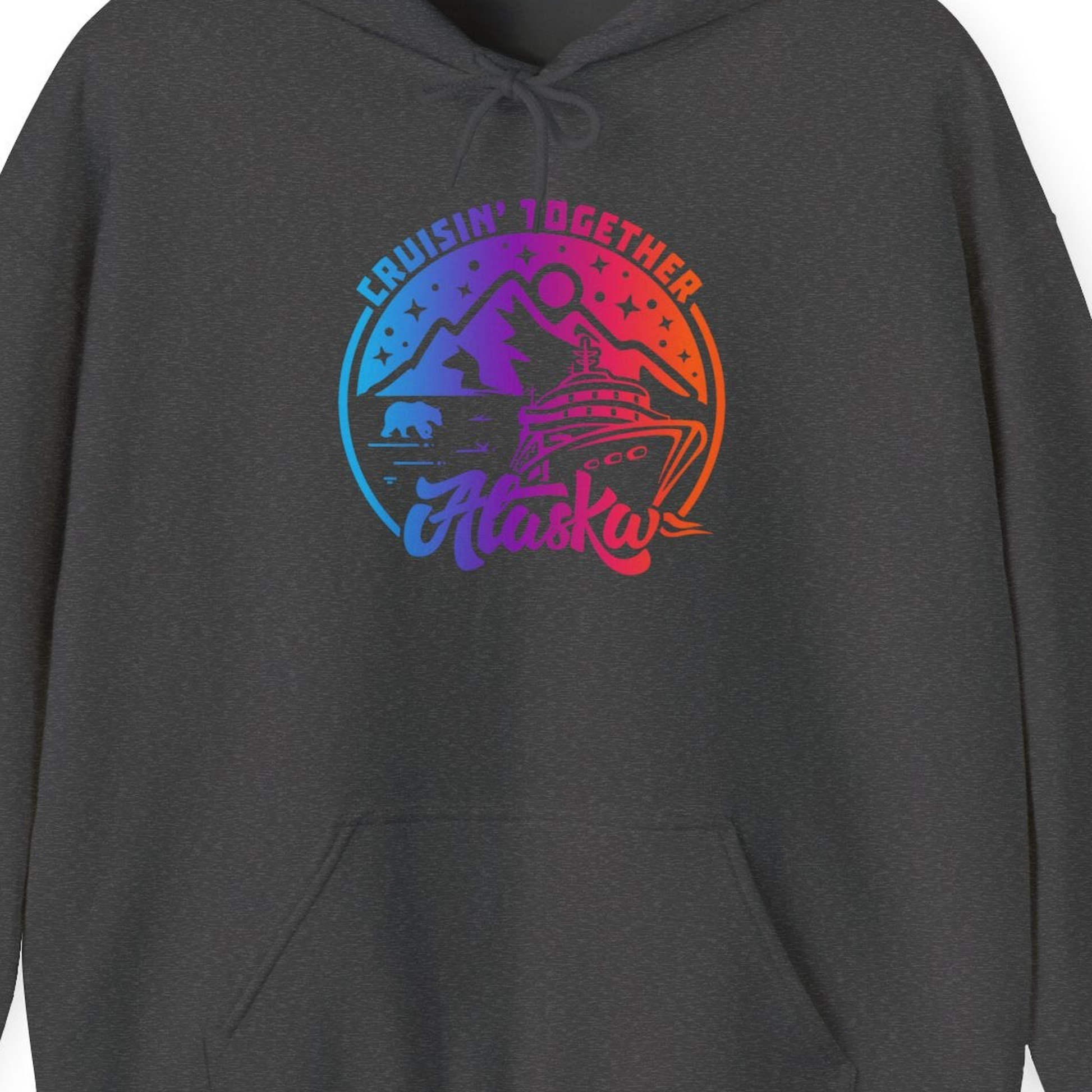 Alaska Cruise Shirt Hoodie – Dark Heather – Alaska Cruise Shirts Close Up