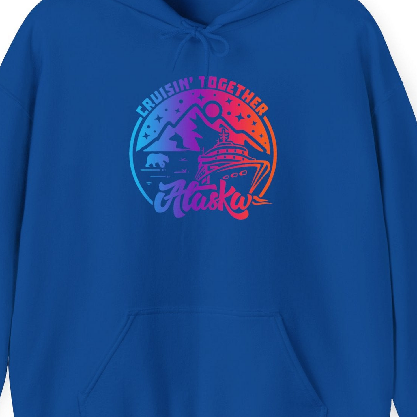 Alaska Cruise Shirt Hoodie – Royal – Alaska Cruise Shirts Close Up