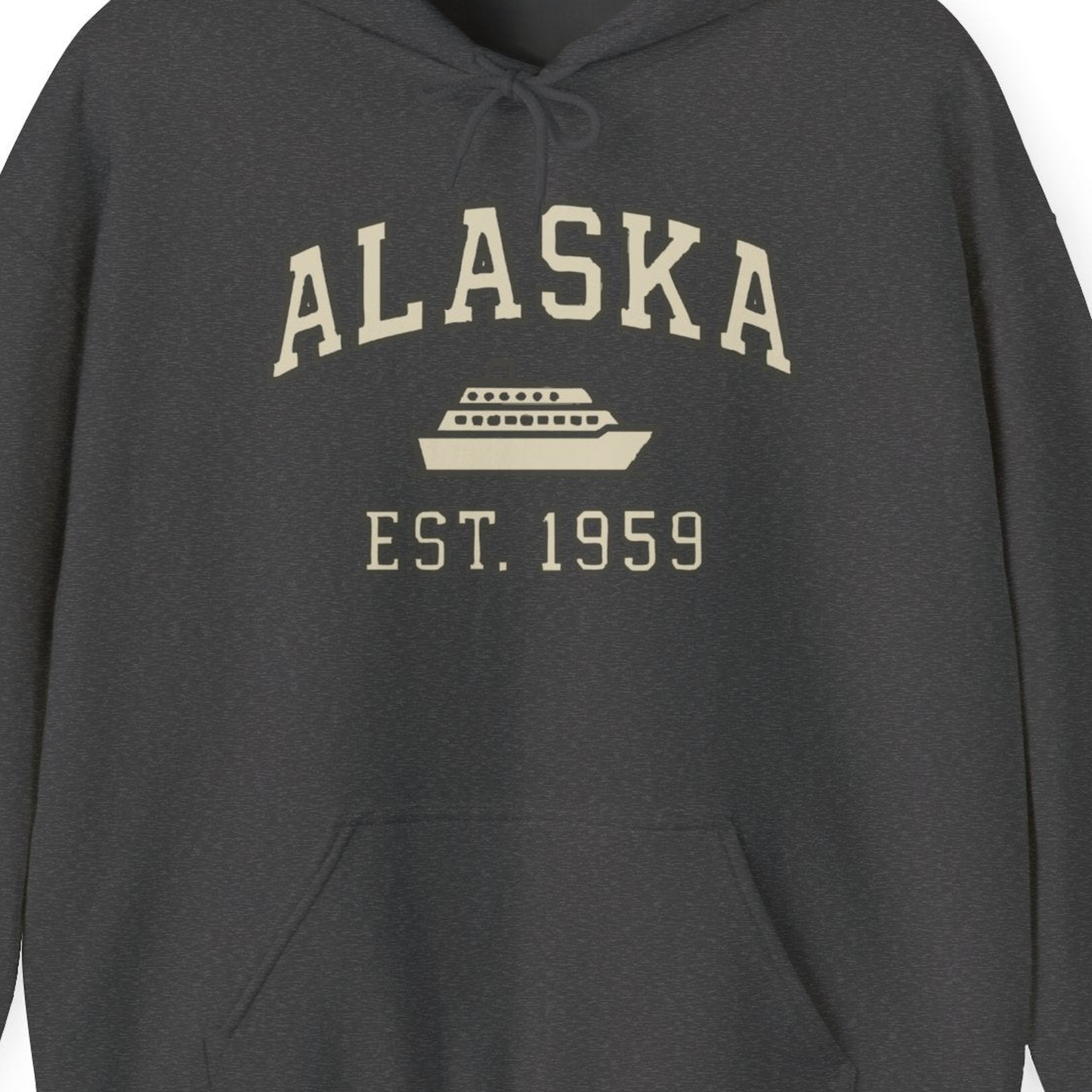 Alaska Cruise Shirt Hoodie – Dark Heather – Alaska Cruise Shirts Close Up