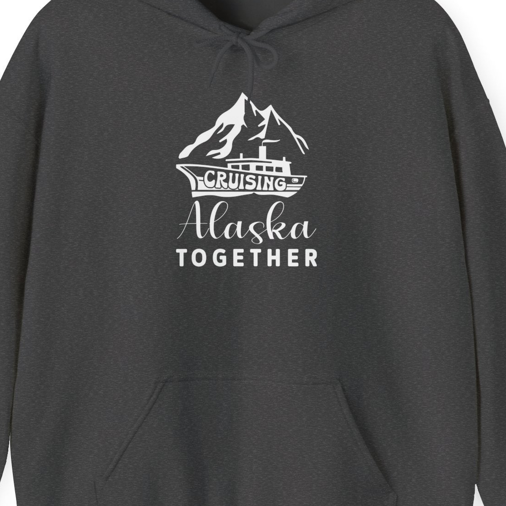 Cruising Alaska Together Mountains and Ship Family Cruise Shirt — Hoodie Hoodie – Dark Heather – Alaska Cruise Shirts Close Up