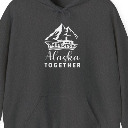Cruising Alaska Together Mountains and Ship Family Cruise Shirt — Hoodie Hoodie – Dark Heather – Alaska Cruise Shirts Close Up