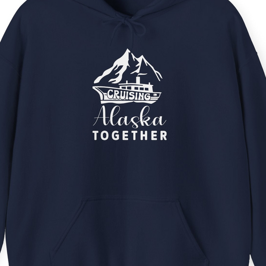 Cruising Alaska Together Mountains and Ship Family Cruise Shirt — Hoodie Hoodie – Navy – Alaska Cruise Shirts Close Up