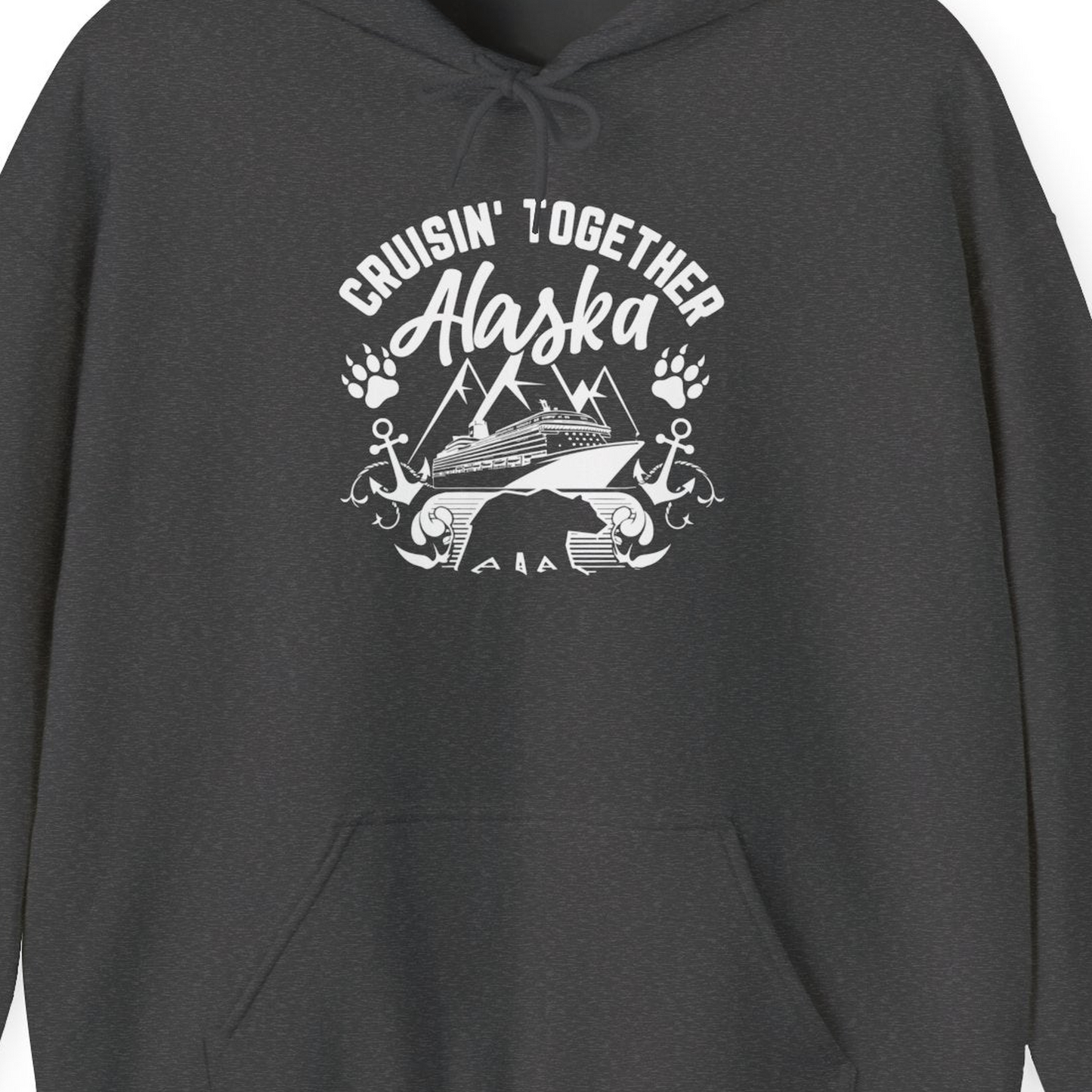 Alaska Cruise Adventure Shirt Hoodie – Dark Heather – Alaska Cruise Shirts Close Up