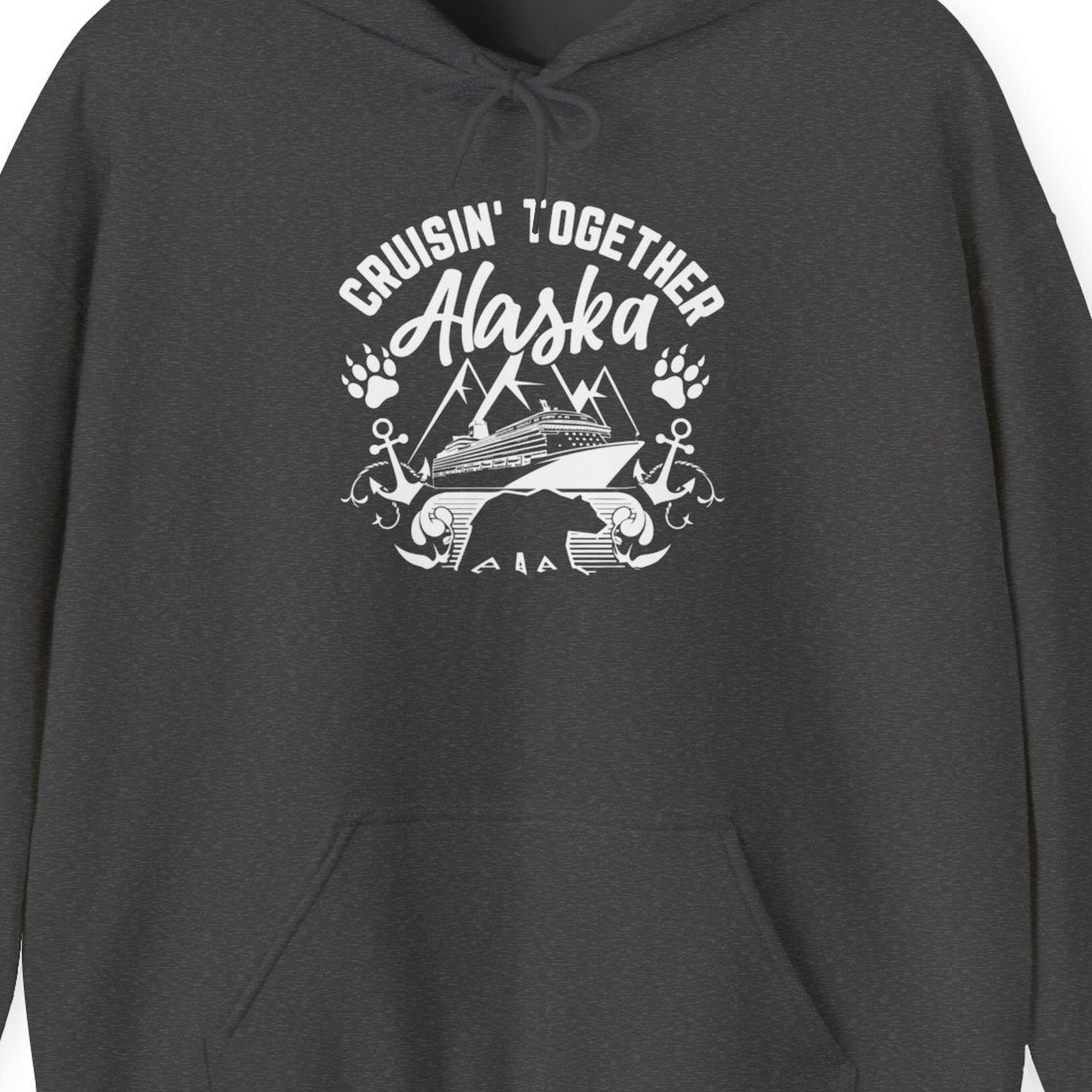 Alaska Cruise Adventure Shirt Hoodie – Dark Heather – Alaska Cruise Shirts Close Up