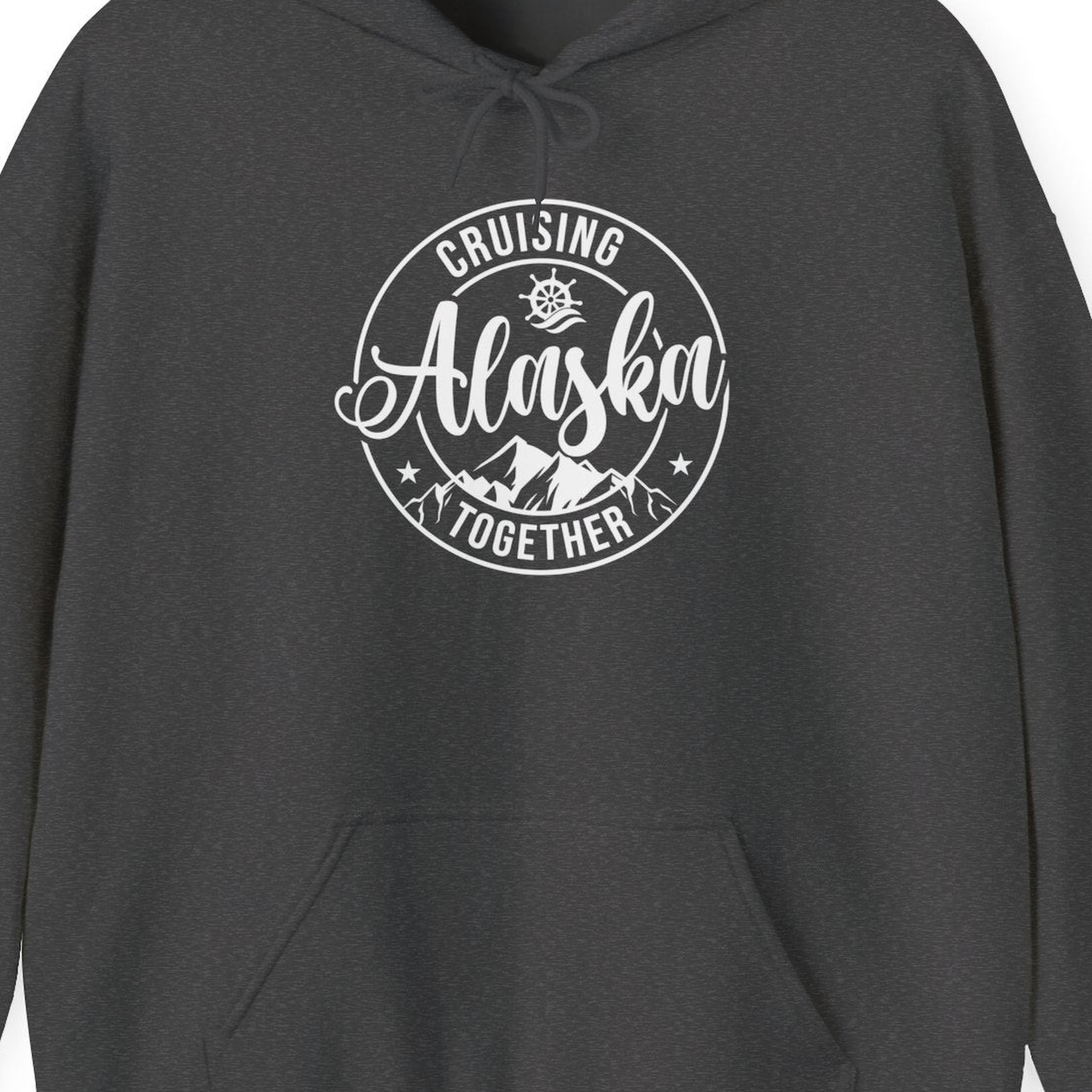 Cruising Alaska Together Shirt Hoodie – Dark Heather – Alaska Cruise Shirts Close Up