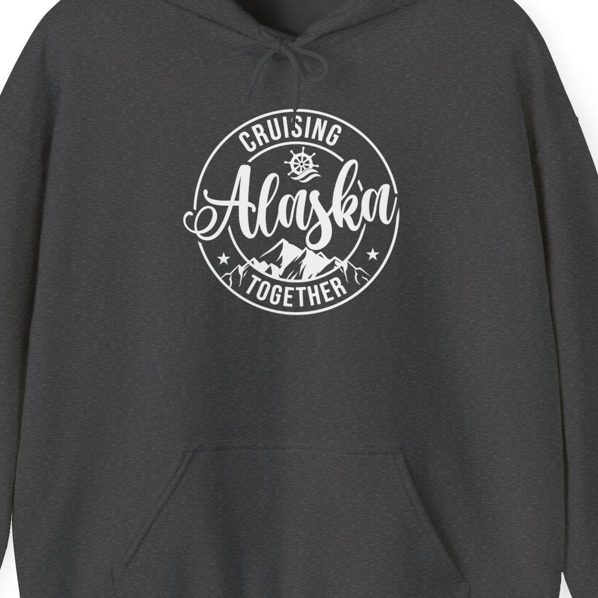 Cruising Alaska Together Shirt Hoodie – Dark Heather – Alaska Cruise Shirts Close Up