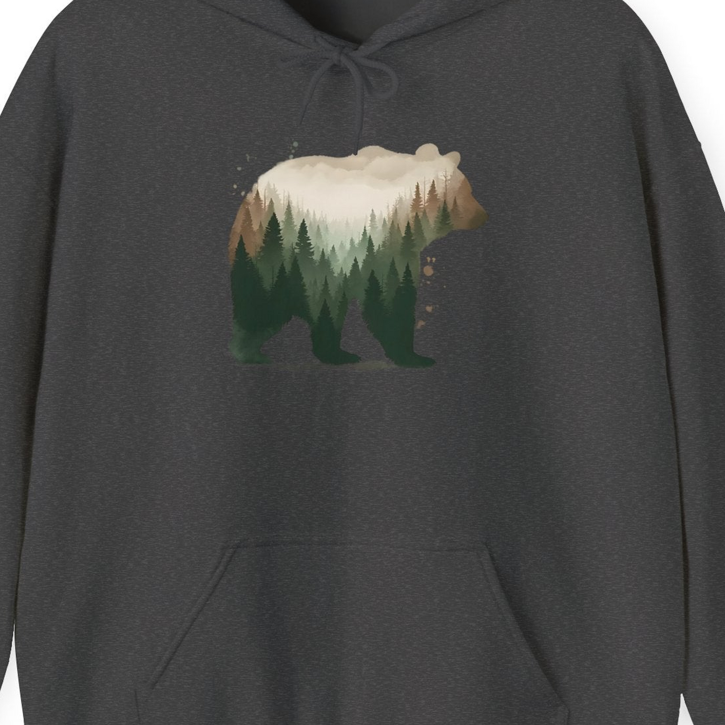 Double Exposure Bear Forest Shirt Hoodie – Dark Heather – Alaska Cruise Shirts Close Up