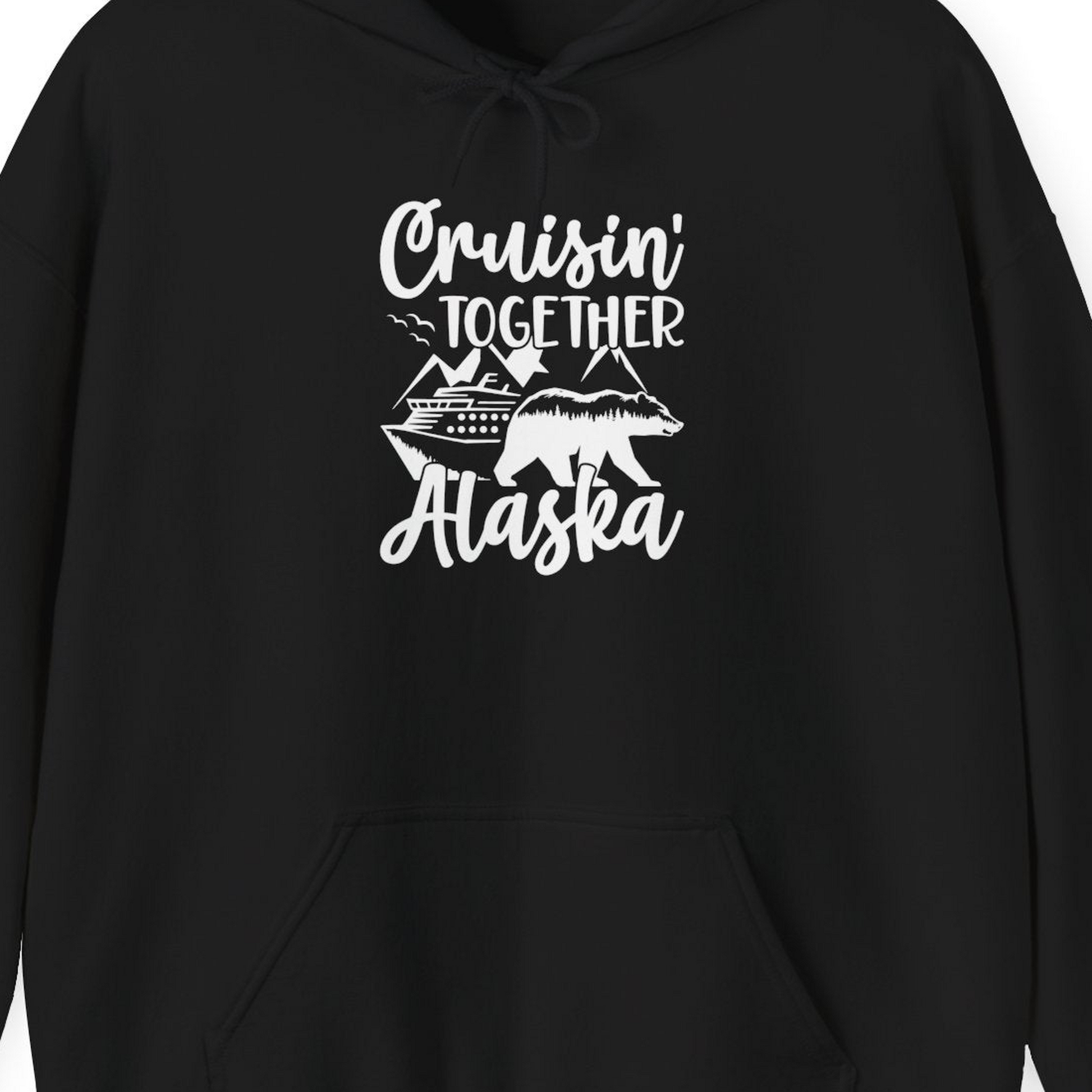 Alaska Cruise Adventure Shirt Hoodie – Black – Alaska Cruise Shirts Close Up