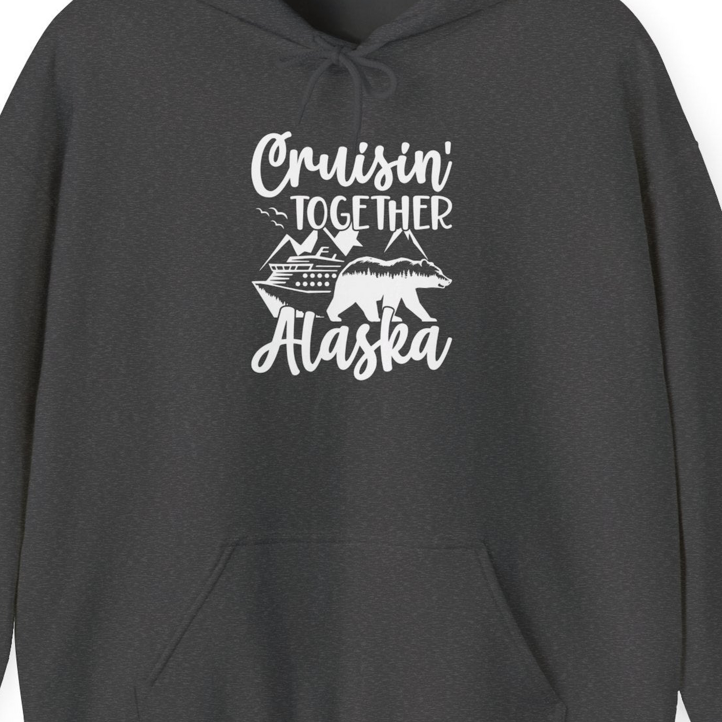 Alaska Cruise Adventure Shirt Hoodie – Dark Heather – Alaska Cruise Shirts Close Up