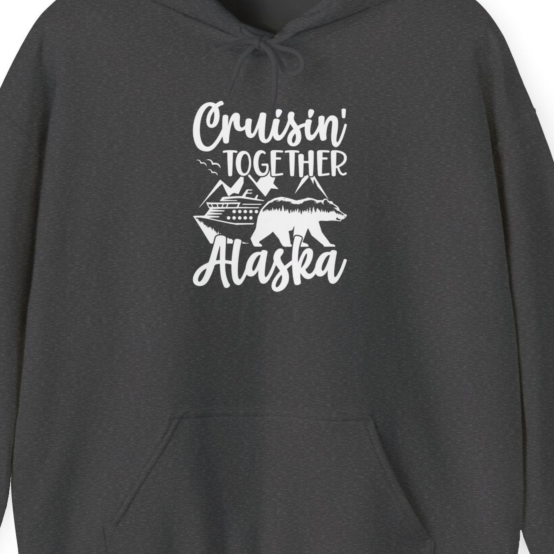 Alaska Cruise Adventure Shirt Hoodie – Dark Heather – Alaska Cruise Shirts Close Up