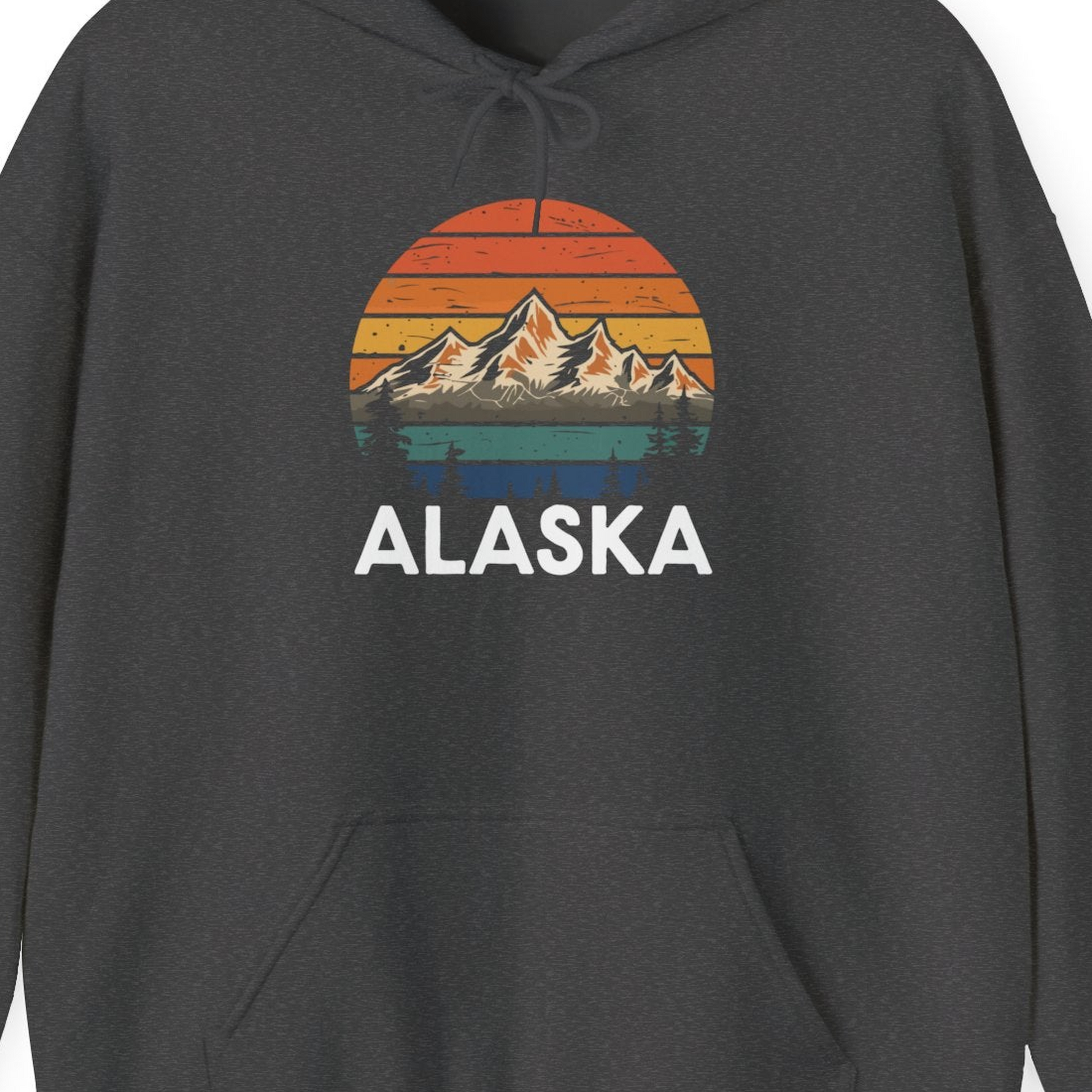 Retro Alaska Mountain Scenery Shirt Hoodie – Dark Heather – Alaska Cruise Shirts Close Up
