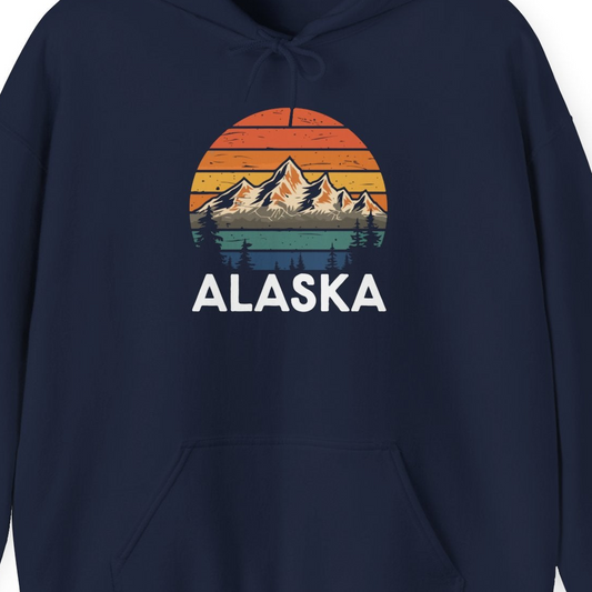 Retro Alaska Mountain Scenery Shirt Hoodie – Navy – Alaska Cruise Shirts Close Up