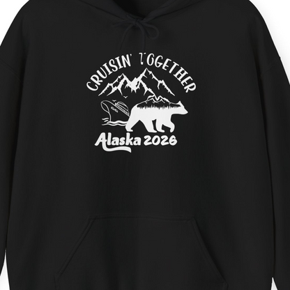 Cruisin Together Alaska 2026 Bear Mountain Group Cruise Shirt — Hoodie Hoodie – Black – Alaska Cruise Shirts Close Up