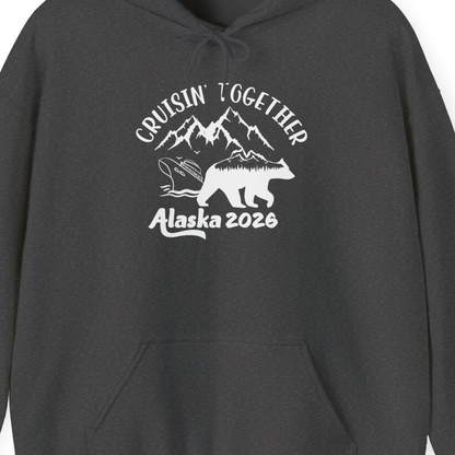 Cruisin Together Alaska 2026 Bear Mountain Group Cruise Shirt — Hoodie Hoodie – Dark Heather – Alaska Cruise Shirts Close Up
