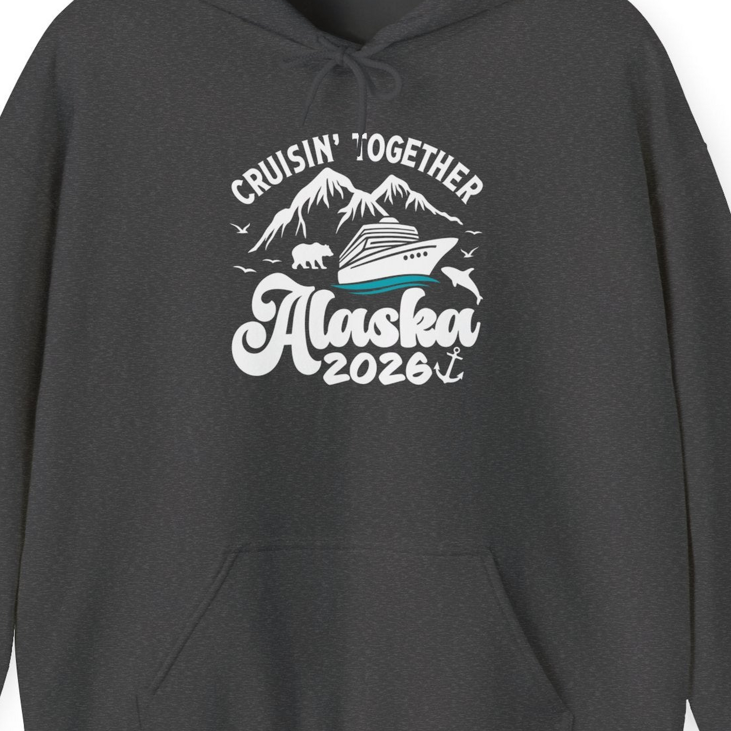 Alaska Cruise Adventure Shirt Hoodie – Dark Heather – Alaska Cruise Shirts Close Up