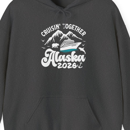 Alaska Cruise Adventure Shirt Hoodie – Dark Heather – Alaska Cruise Shirts Close Up