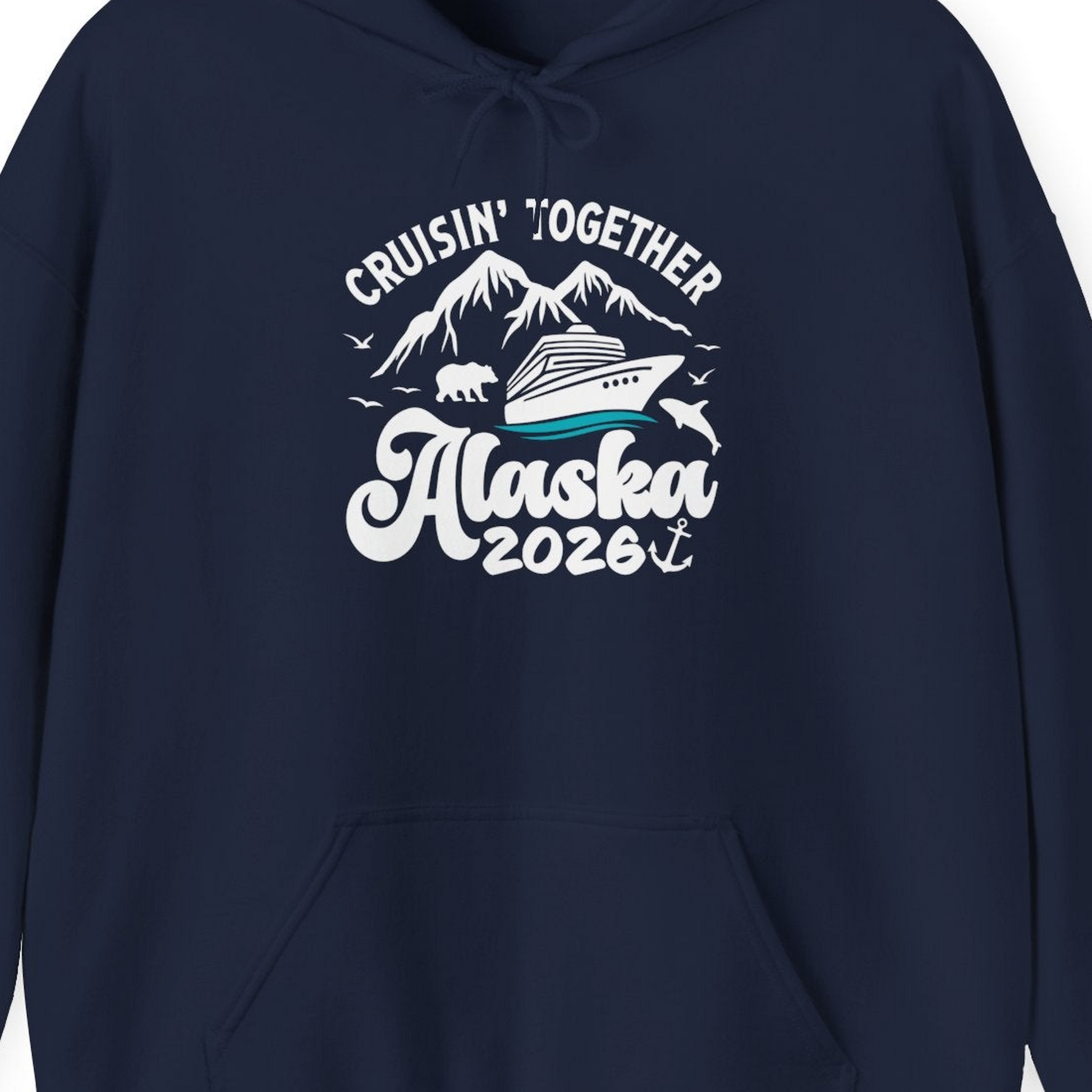 Alaska Cruise Adventure Shirt Hoodie – Navy – Alaska Cruise Shirts Close Up