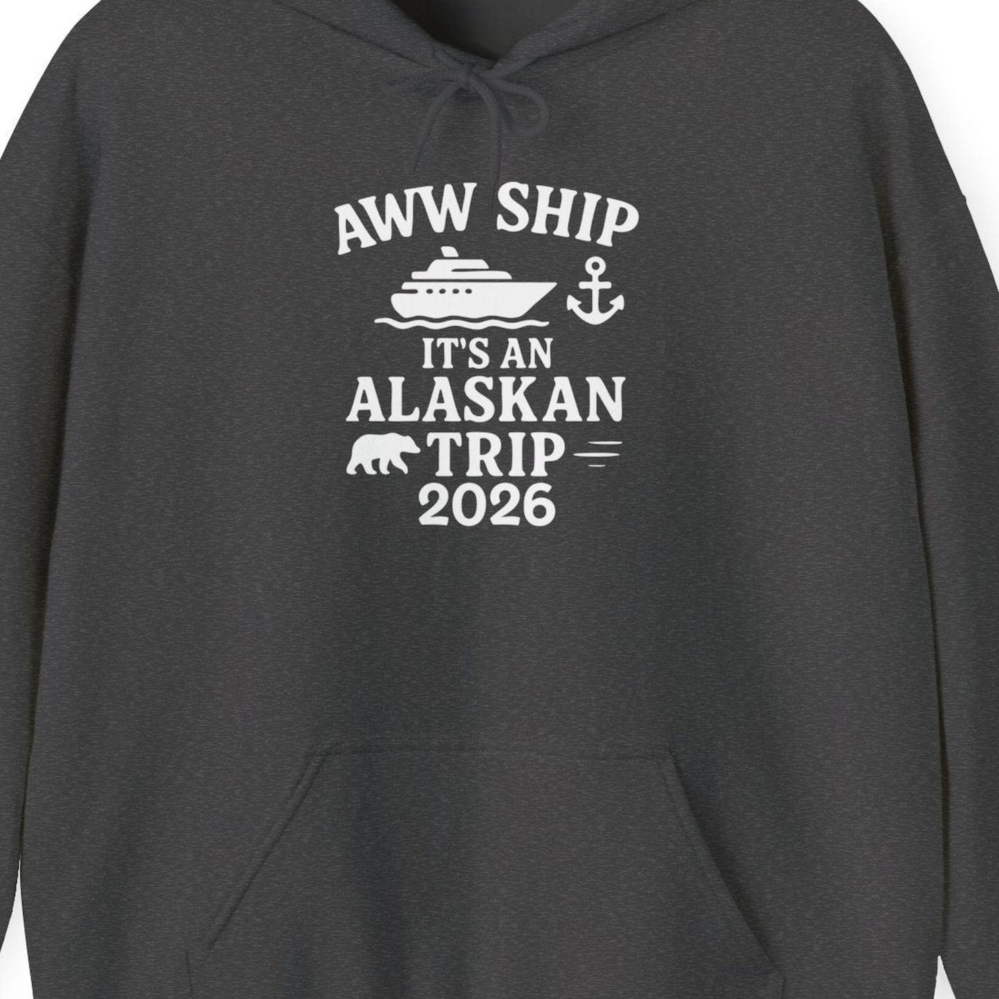 Alaska Cruise Shirt Hoodie – Dark Heather – Alaska Cruise Shirts Close Up