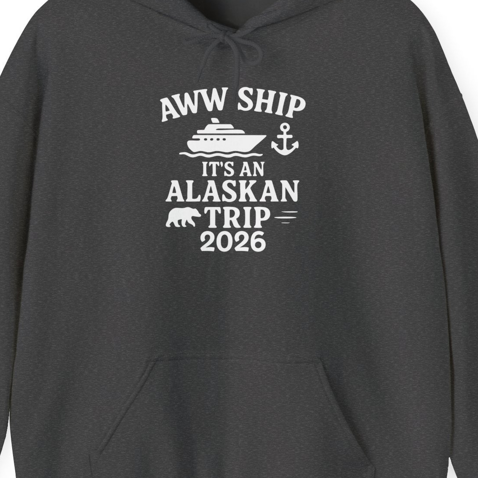 Alaska Cruise Shirt Hoodie – Dark Heather – Alaska Cruise Shirts Close Up
