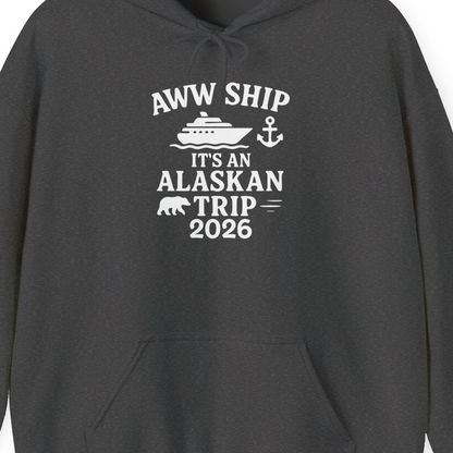 Alaska Cruise Shirt Hoodie – Dark Heather – Alaska Cruise Shirts Close Up