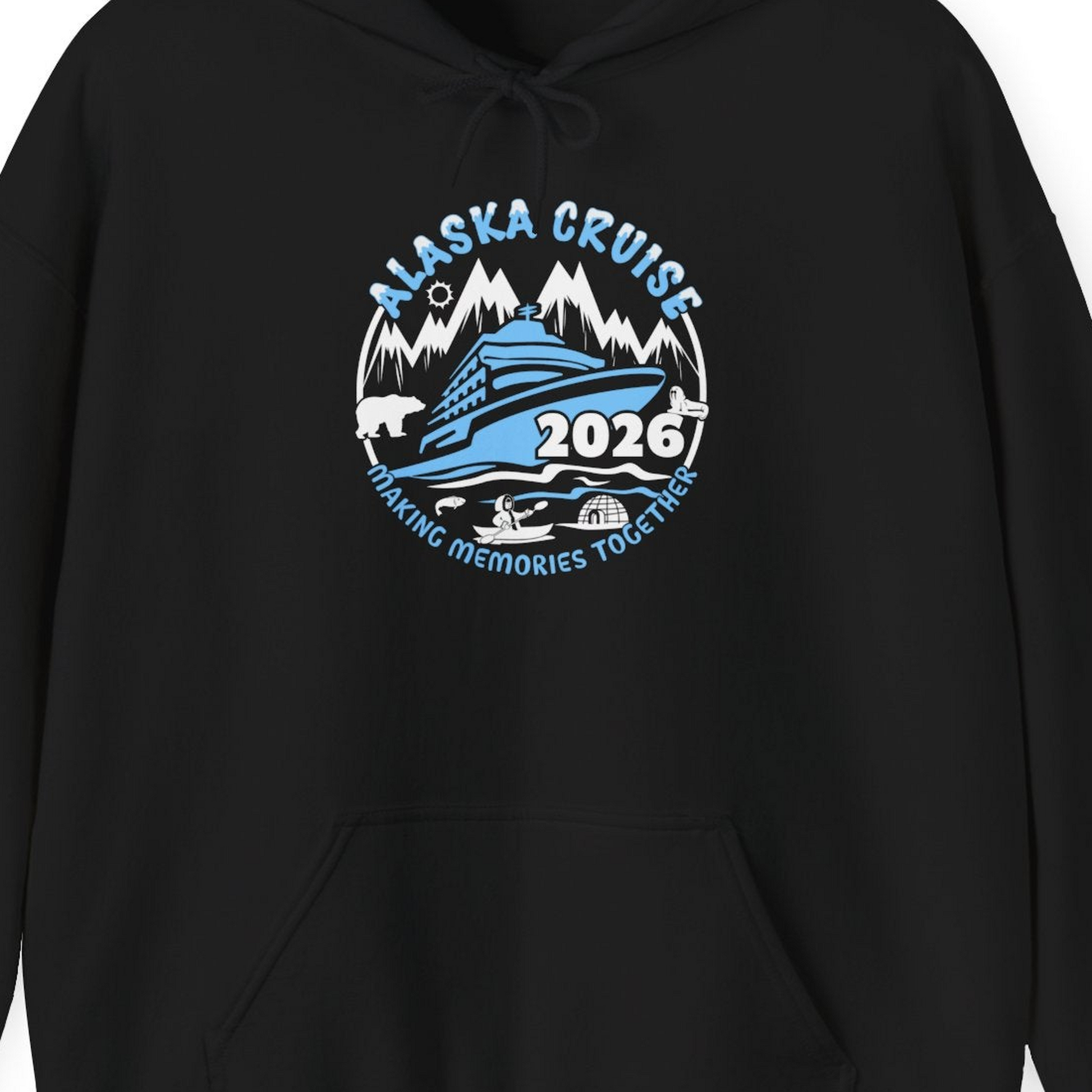 Alaska Cruise 2026 Shirt Hoodie – Black – Alaska Cruise Shirts Close Up