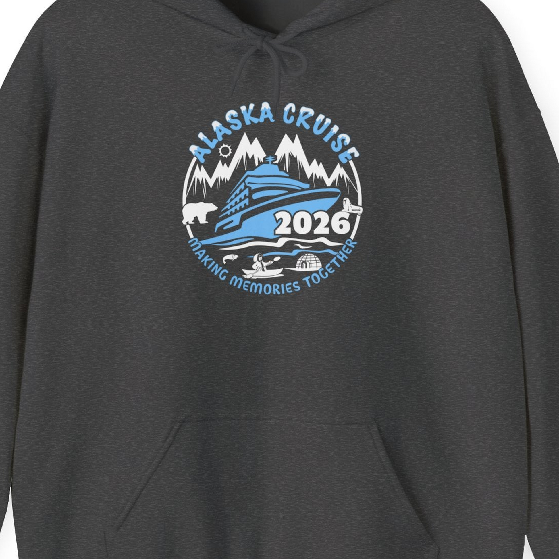 Alaska Cruise 2026 Shirt Hoodie – Dark Heather – Alaska Cruise Shirts Close Up