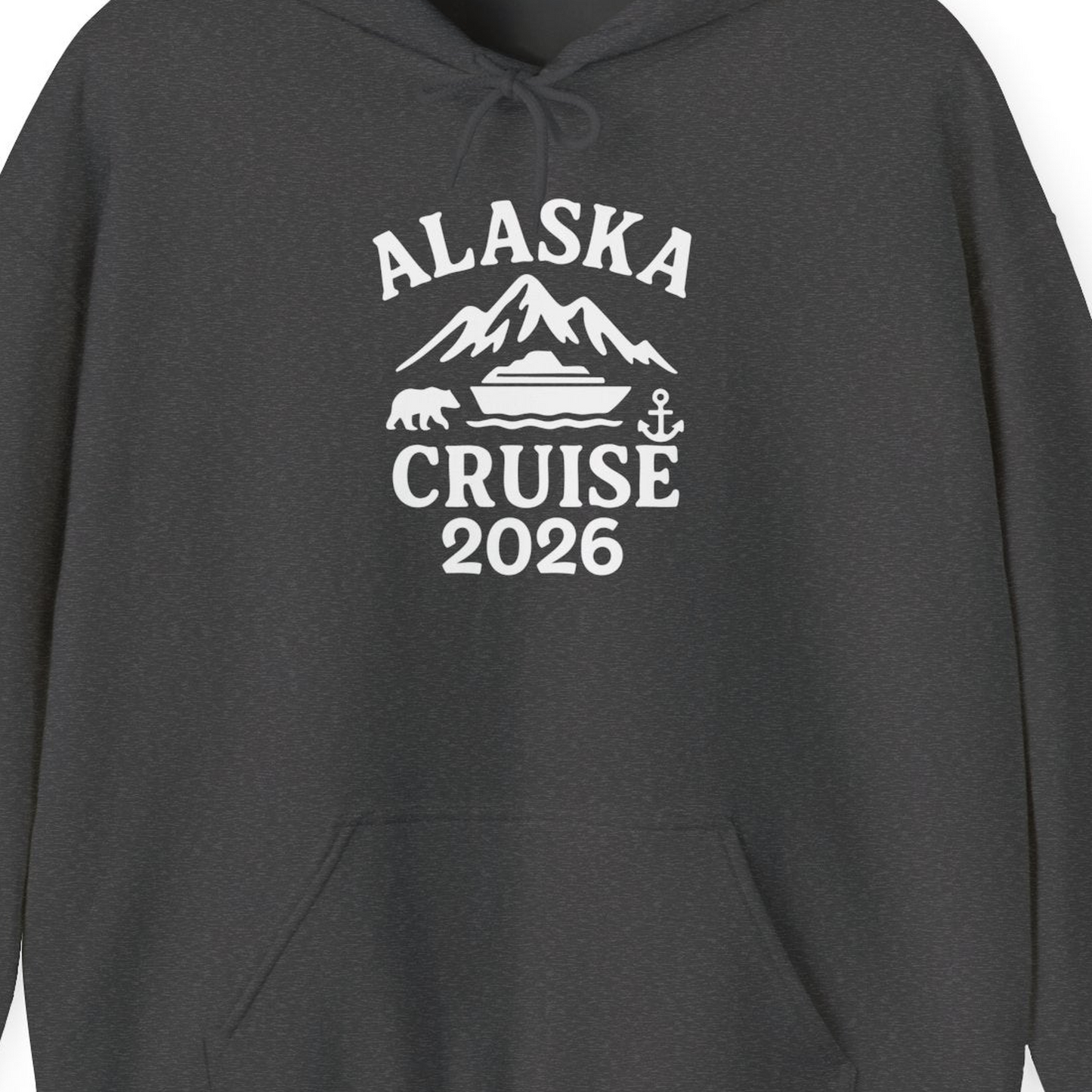 Alaska Cruise 2026 Shirt Hoodie – Dark Heather – Alaska Cruise Shirts Close Up