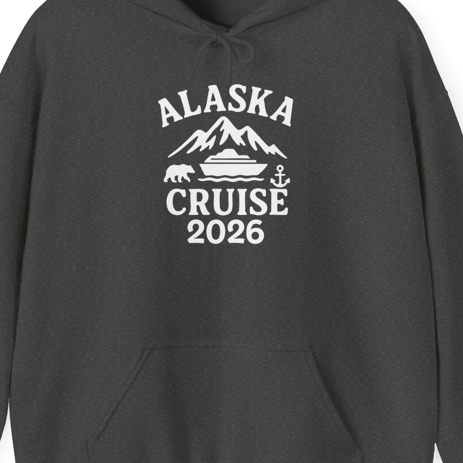 Alaska Cruise 2026 Shirt Hoodie – Dark Heather – Alaska Cruise Shirts Close Up