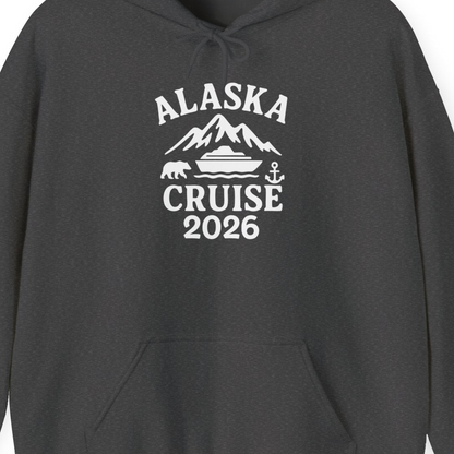 Alaska Cruise 2026 Shirt Hoodie – Dark Heather – Alaska Cruise Shirts Close Up