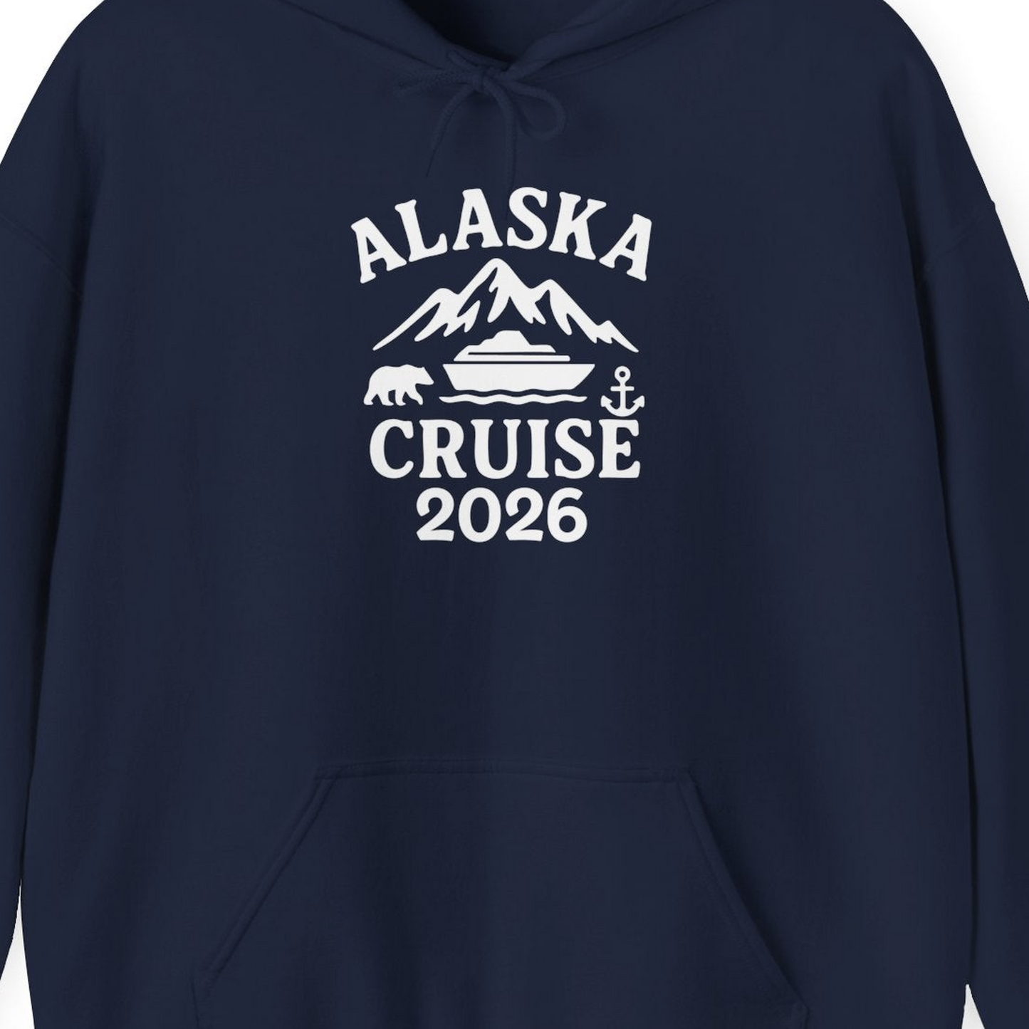 Alaska Cruise 2026 Shirt Hoodie – Navy – Alaska Cruise Shirts Close Up