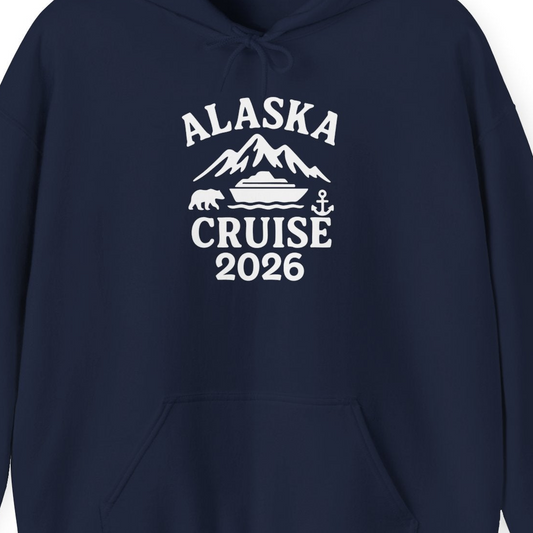 Alaska Cruise 2026 Shirt Hoodie – Navy – Alaska Cruise Shirts Close Up