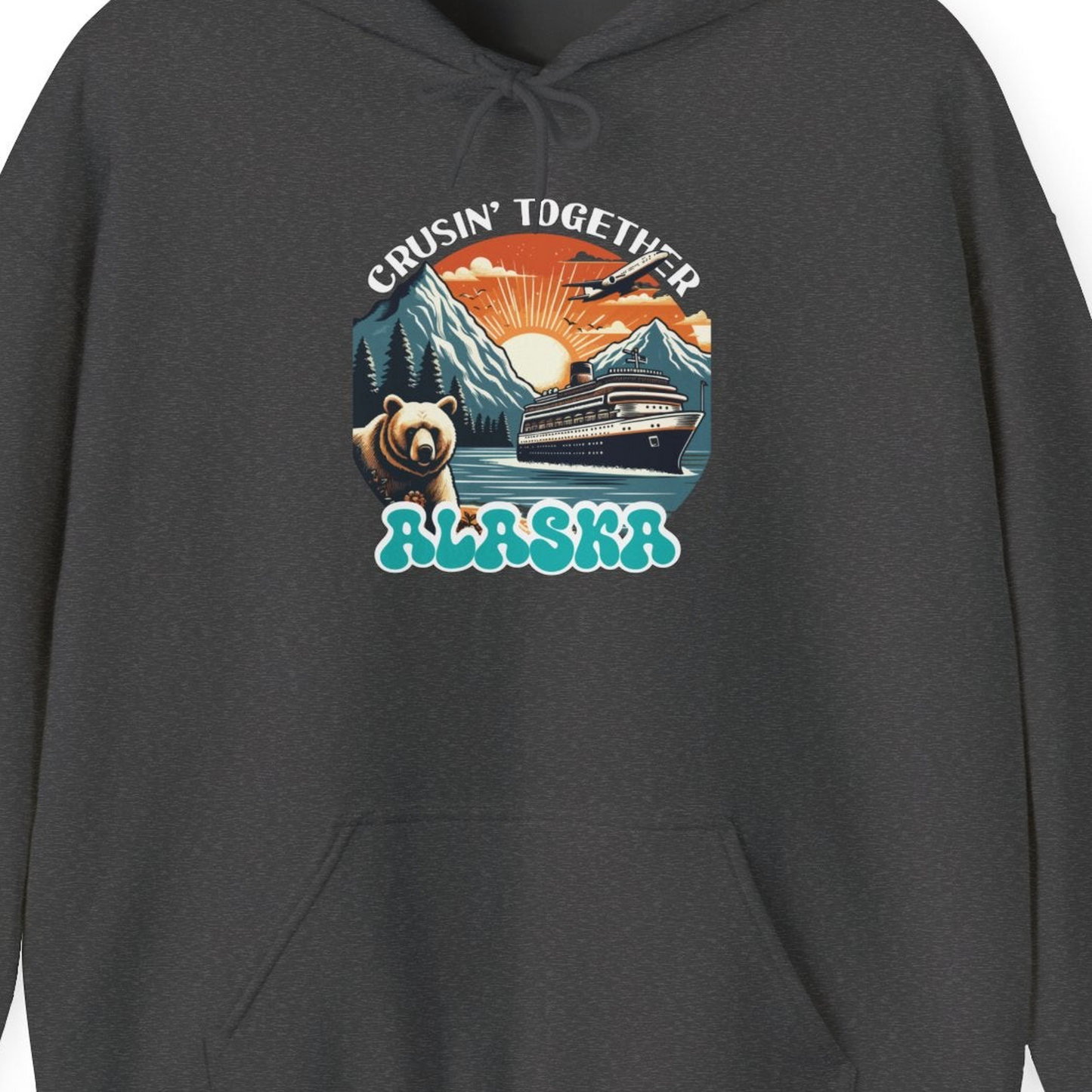 Alaska Cruise Shirt Hoodie – Dark Heather – Alaska Cruise Shirts Close Up