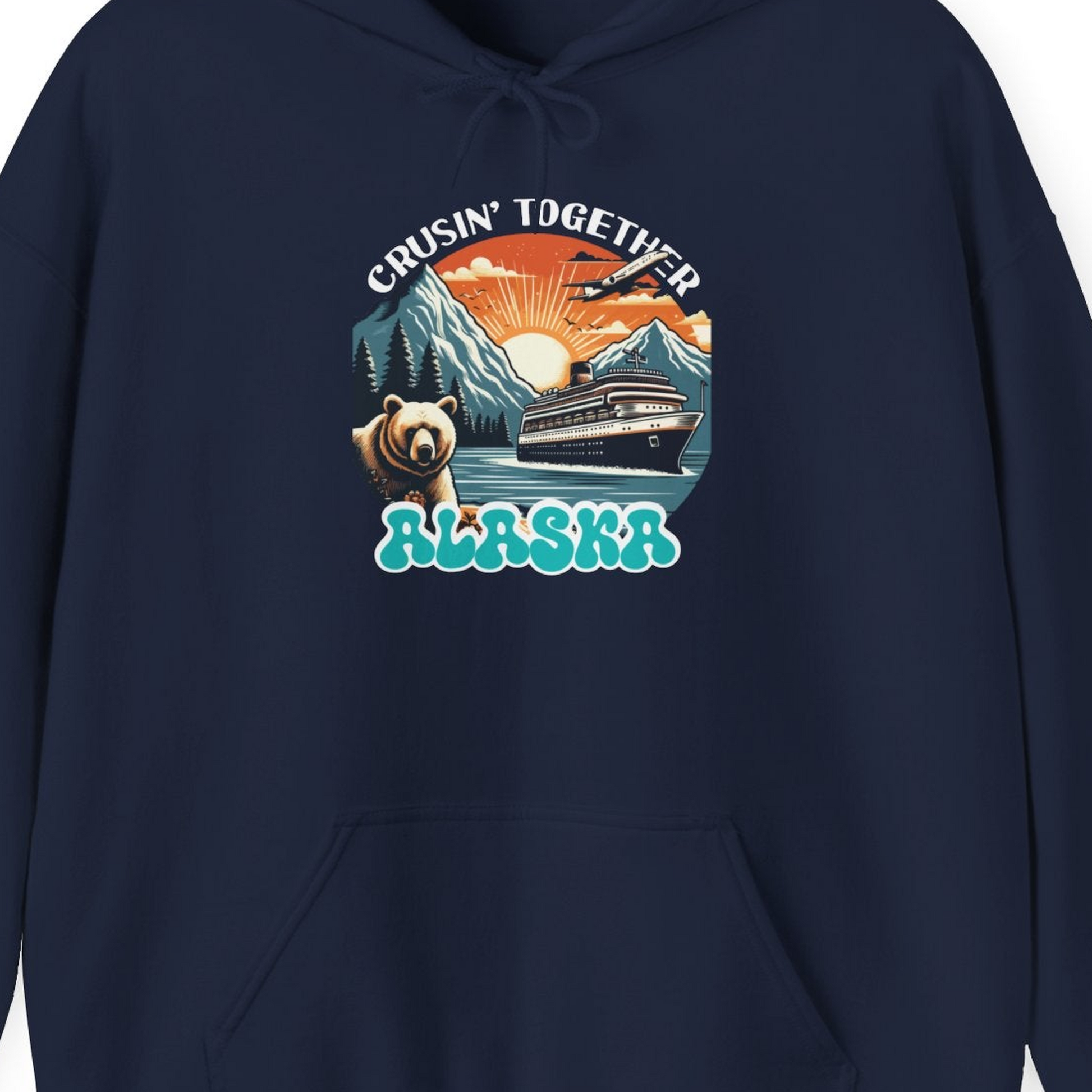 Alaska Cruise Shirt Hoodie – Navy – Alaska Cruise Shirts Close Up