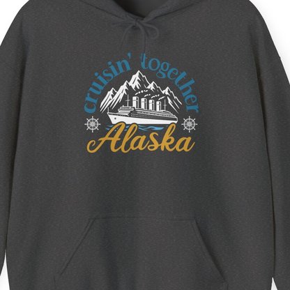 Alaska Cruise Adventure Shirt Hoodie – Dark Heather – Alaska Cruise Shirts Close Up