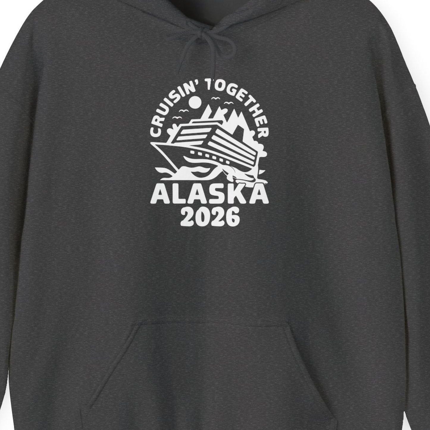 Cruisin Together Alaska Cruise Shirt Hoodie – Dark Heather – Alaska Cruise Shirts Close Up