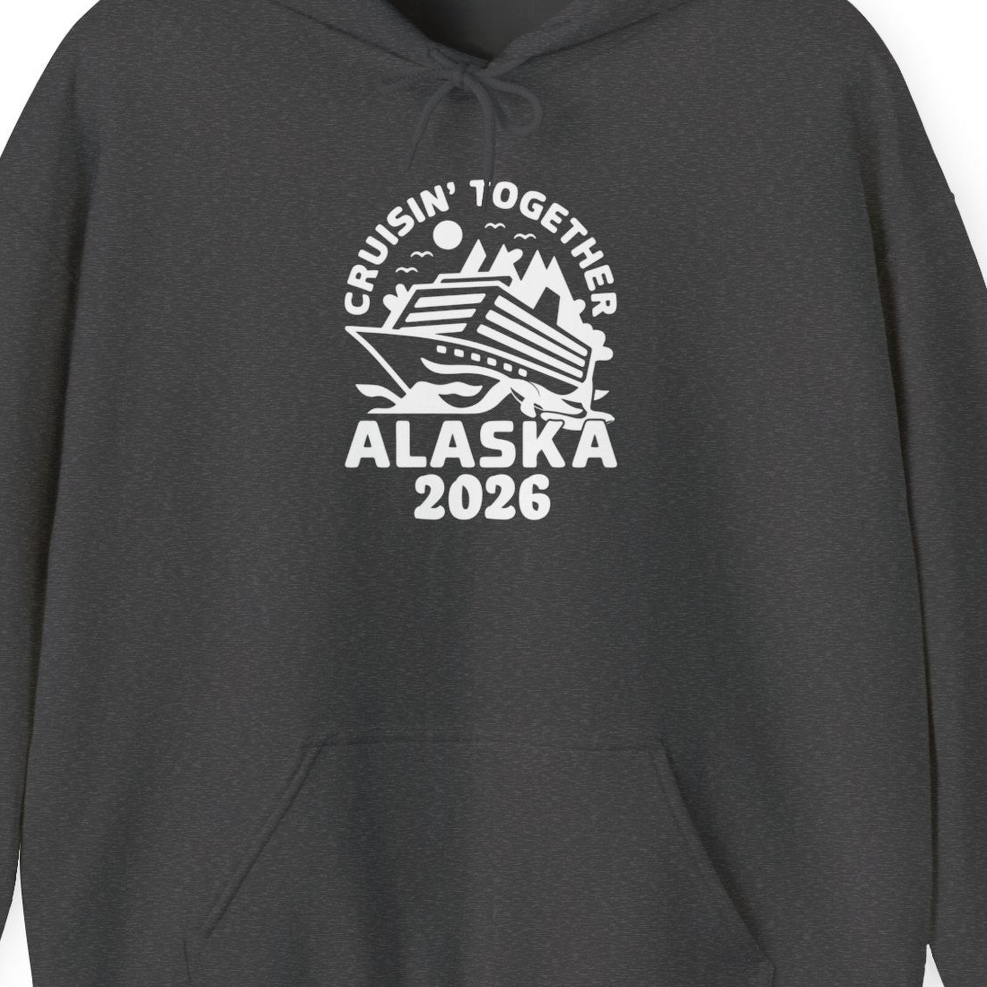 Cruisin Together Alaska Cruise Shirt Hoodie – Dark Heather – Alaska Cruise Shirts Close Up