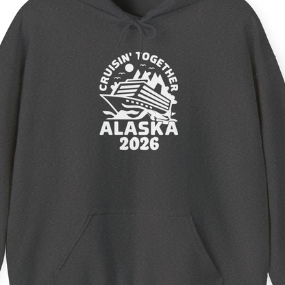 Cruisin Together Alaska Cruise Shirt Hoodie – Dark Heather – Alaska Cruise Shirts Close Up