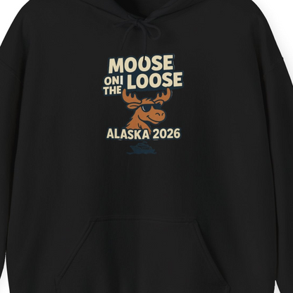 Moose on the Loose Alaska 2026 Cruise Cartoon Funny Shirt — Hoodie Hoodie – Black – Alaska Cruise Shirts Close Up